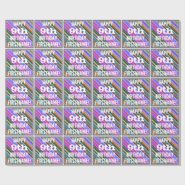 Papel De Regalo Vibrante, colorido noveno cumpleaños + nombre pers (Superficie plana)