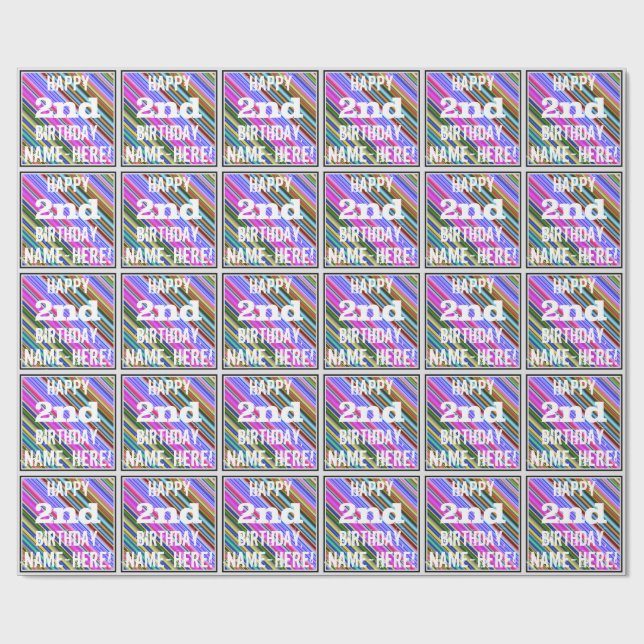 Papel De Regalo Vibrante, colorido segundo cumpleaños + nombre per (Superficie plana)