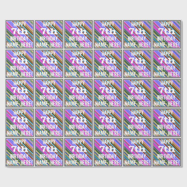 Papel De Regalo Vibrante, colorido séptimo cumpleaños + nombre per (Superficie plana)