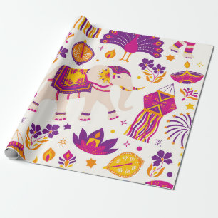 Papel De Regalo Vibrante Diwali festivo elefante y pavo real