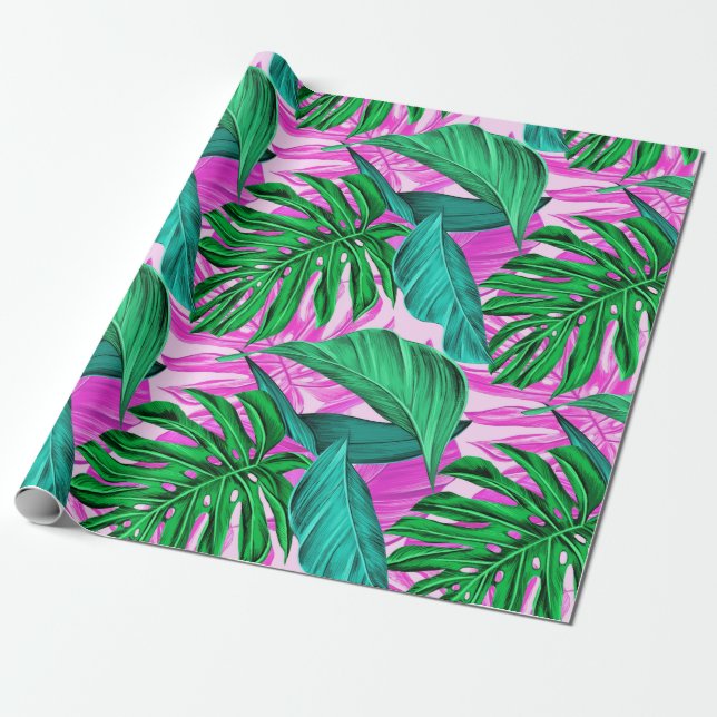 Papel De Regalo Vibrante Monstera Tropical Deja Patrón Exótico  (Desenrollado)