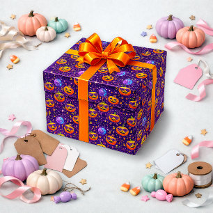 Papel De Regalo Vibrante patrón de calabaza cósmica púrpura