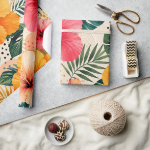 Papel De Regalo Vibrante Patrón Floral de Hibisco Tropical sin Cos