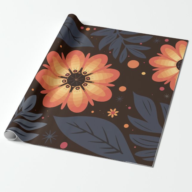 Papel De Regalo Vibrante patrón floral Naranja sobre fondo oscuro (Desenrollado)