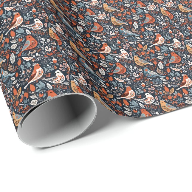 Papel De Regalo Vibrante Patrón Nórdico Floral Y Ave (Esquina del rollo)