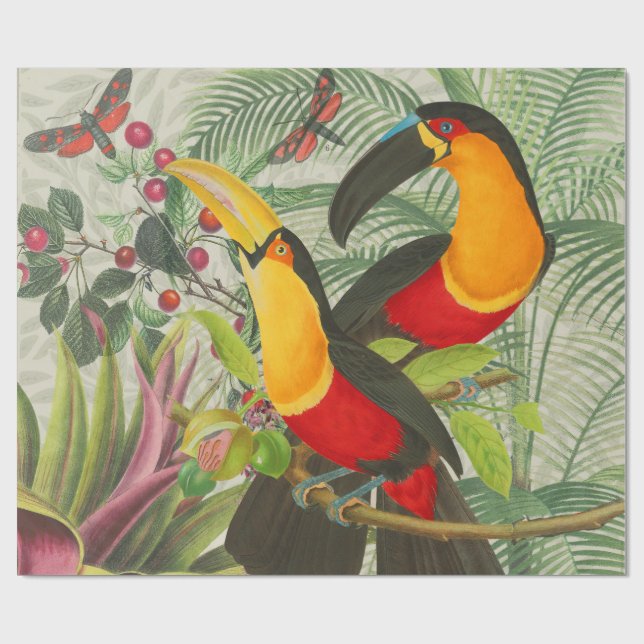 Papel De Regalo Vibrantes Aves Tropicales Turcas Arte Selva Exótic (Superficie plana)