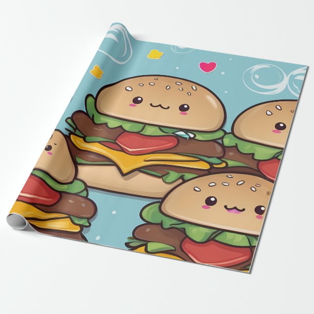 Papel De Regalo Vibrantes hamburguesas de queso Kawaii coloridas (Desenrollado)