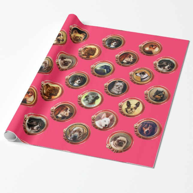 Papel De Regalo VICTORIAN ENAMELS /MINIATURE DOG PORTRAITS,Pink (Desenrollado)