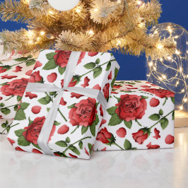 Papel De Regalo Victorian Red Roses Foliage Botanical Pattern