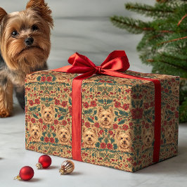Papel De Regalo Victorian Yorkie Holiday Floral on Vintage Gold
