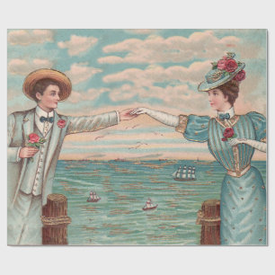 Papel De Regalo Víctoriana Playa Amor Vestido Boda Océano Pareja
