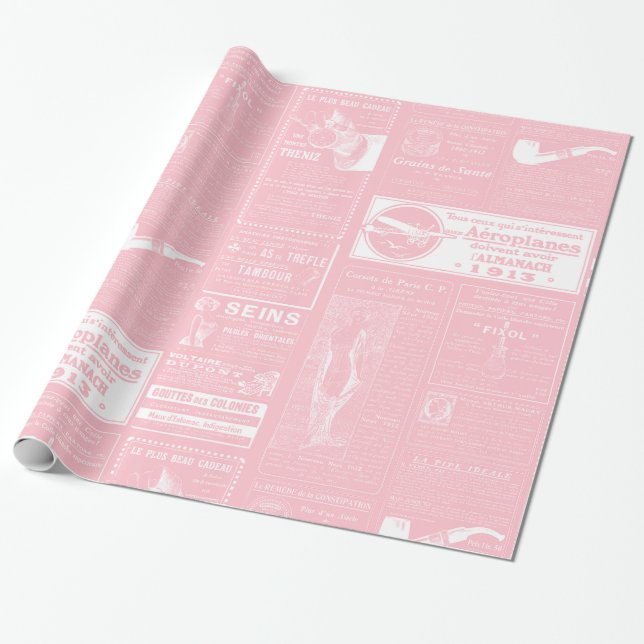 Papel De Regalo victoriano de periódico antiguo rosa francés (Desenrollado)