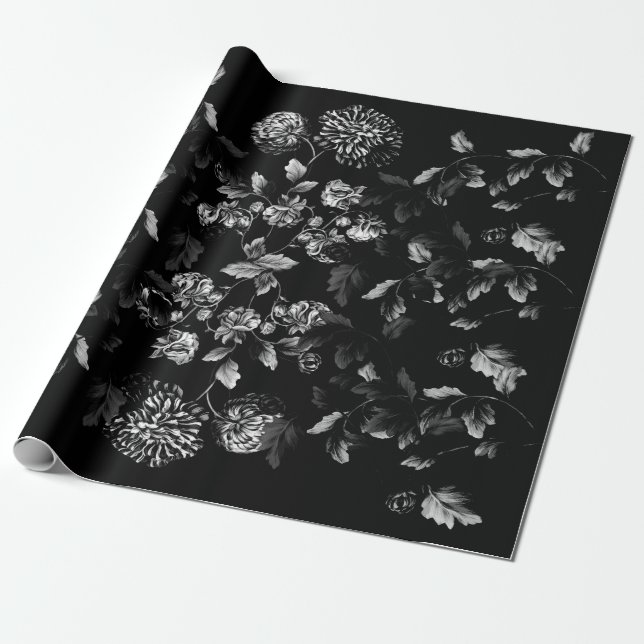 Papel De Regalo Vid floral de la dalia blanco y negro en negro (Desenrollado)