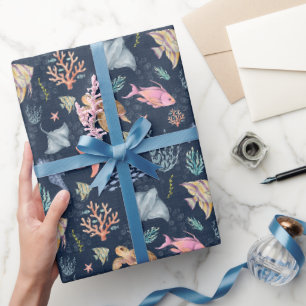 Papel De Regalo Vida oceánica acuarela azul marino texturizado