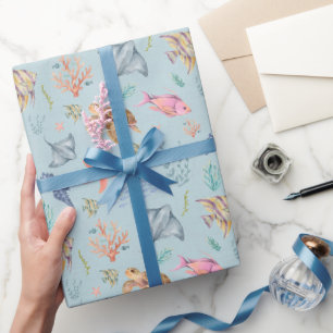 Papel De Regalo Vida oceánica acuarela azul pastel texturizado