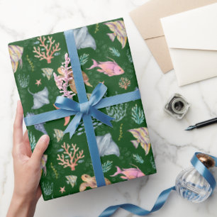 Papel De Regalo Vida oceánica acuarela con textura verde bosque