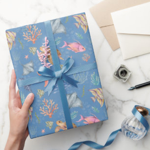 Papel De Regalo Vida Oceánica Acuarela Texturizada Azul Medio