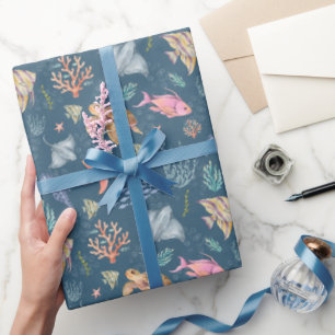 Papel De Regalo Vida oceánica acuarela texturizada azul oscuro