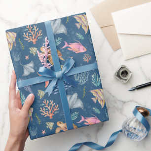 Papel De Regalo Vida oceánica acuarela texturizada azul oscuro