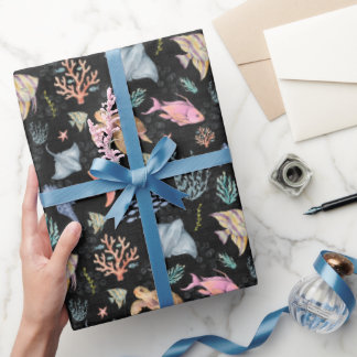 Papel De Regalo Vida oceánica acuarela texturizada negra