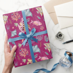 Papel De Regalo Vida oceánica acuarela texturizada rosa oscuro