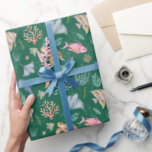 Papel De Regalo Vida oceánica acuarela texturizada verde oscuro