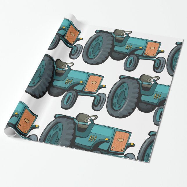 Papel De Regalo Vida útil de la granja de tractores azul Vintage (Desenrollado)