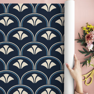 Papel De Regalo Vieiras Art Decó En Azul Y Crema Naval
