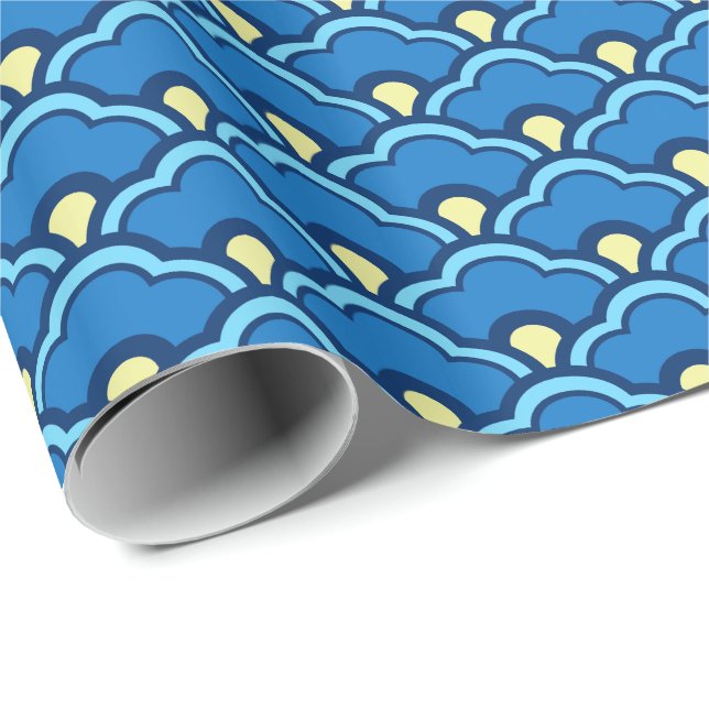 Papel De Regalo Vieiras chinas, azul oceánico e índigo (Esquina del rollo)