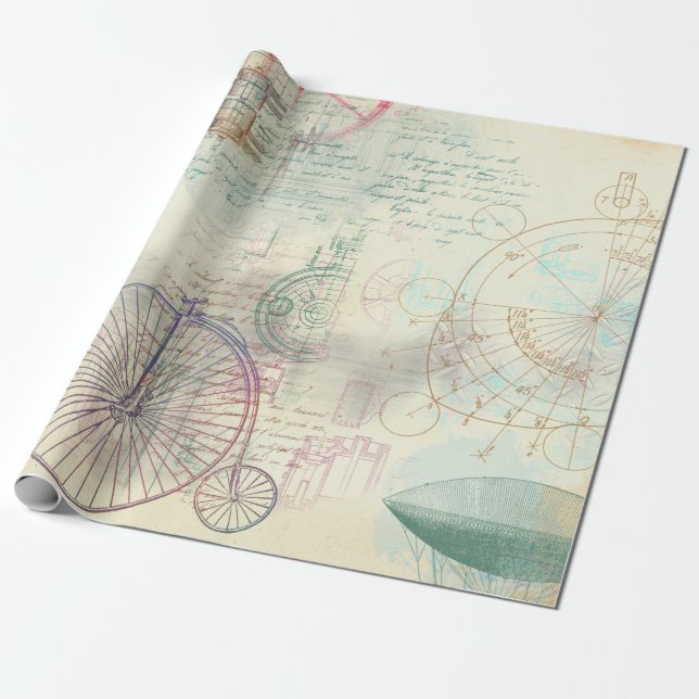 Papel De Regalo Vieja bicicleta, globo y guión en amarillo (Desenrollado)