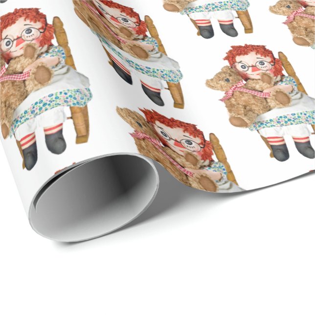 Papel De Regalo vieja muñeca rag con oso de peluche (Esquina del rollo)