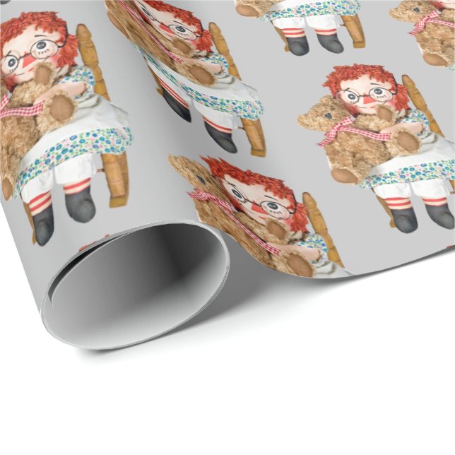 Papel De Regalo vieja muñeca rag con oso de peluche (Esquina del rollo)
