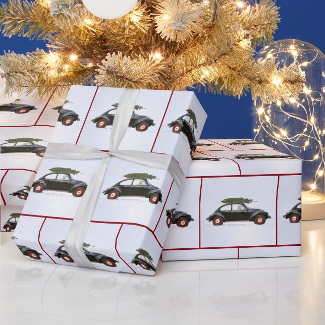 Papel De Regalo Viejo auto con árbol de Navidad y perro (Vacaciones)