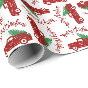 Papel De Regalo Viejo Camión Rojo Árboles cortados frescos Feliz N