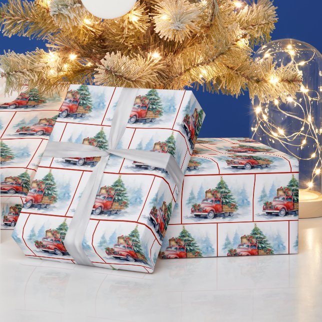 Papel De Regalo Viejo Camión Rojo Con Navidades Pine (Vacaciones)
