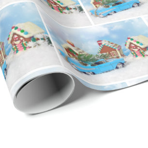 Papel De Regalo viejo coche Chevy con Navidades jengibre casa