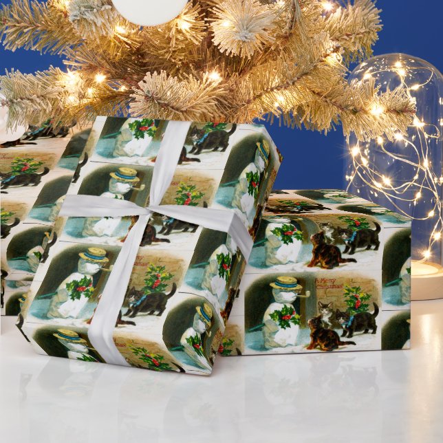 Papel De Regalo Viejo muñeco de nieve y fiesta de gatos navideños (Vacaciones)