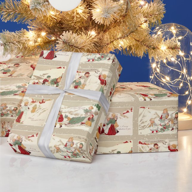 Papel De Regalo Viejos escenarios de invierno con niños alegres (Vacaciones)