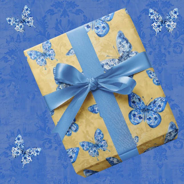 Papel De Regalo Viñeta Chinoiserie Blue White Butfly Gold (A classic chinoiserie butterflies)