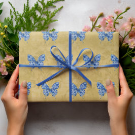 Papel De Regalo Viñeta Chinoiserie Blue White Butfly Gold