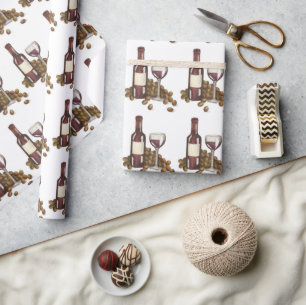 Papel De Regalo Vino Rojo Degustar Vidrio Botella Uva Vegetación