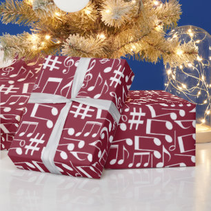 Papel De Regalo Vino Tinto Rico con Notas de Música Blancas