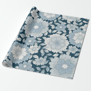 Papel De Regalo Vintage Azul Marino y Azul Acero Groovy Floral