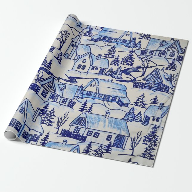 Papel De Regalo Vintage, azul y blanco, Navidades (Desenrollado)