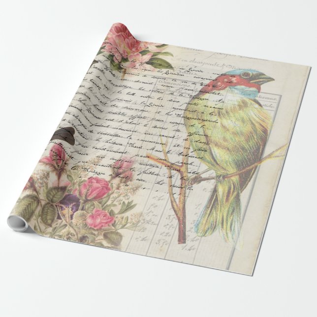 Papel De Regalo Vintage Bird Decoupage Botanical (Desenrollado)