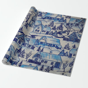 Papel De Regalo Vintage Blue Navidades Holiday Village