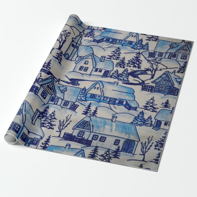 Papel De Regalo Vintage Blue Navidades Holiday Village (Desenrollado)