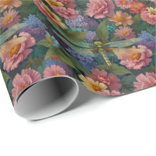 Papel De Regalo Vintage boho chic floral pastel jardín libélula 