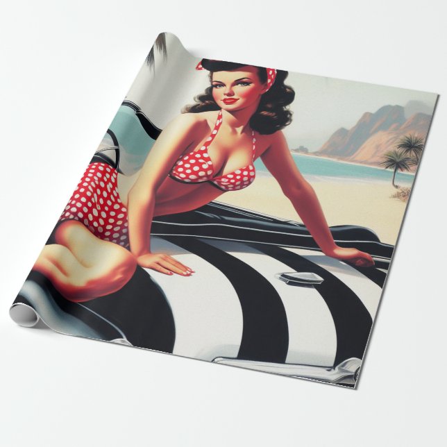 Papel De Regalo Vintage Car Classic Pin Up (Desenrollado)