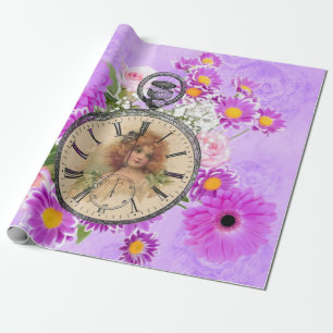 Papel De Regalo Vintage Chica Clock Watch Purple Floral Giftwrap